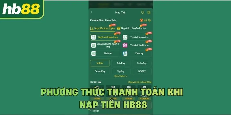 Phương thức thanh toán khi nạp tiền Hb88