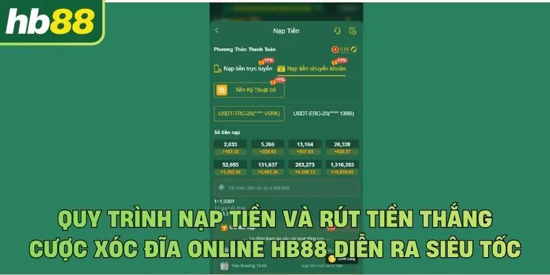 Quy trình nạp tiền và rút tiền thắng cược xóc đĩa online Hb88 diễn ra siêu tốc